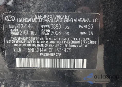 2014 Hyundai Elantra Se from USA, damaged, VIN 5NPDH4AE0EH534475